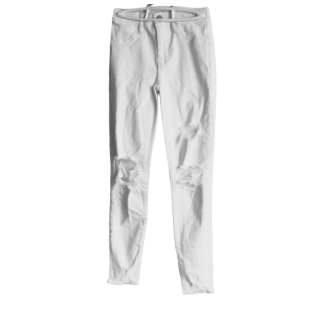 AEO Women’s White Distressed Next Level Stretch Hi- Rise Raw Hem Jeggings Sz 00